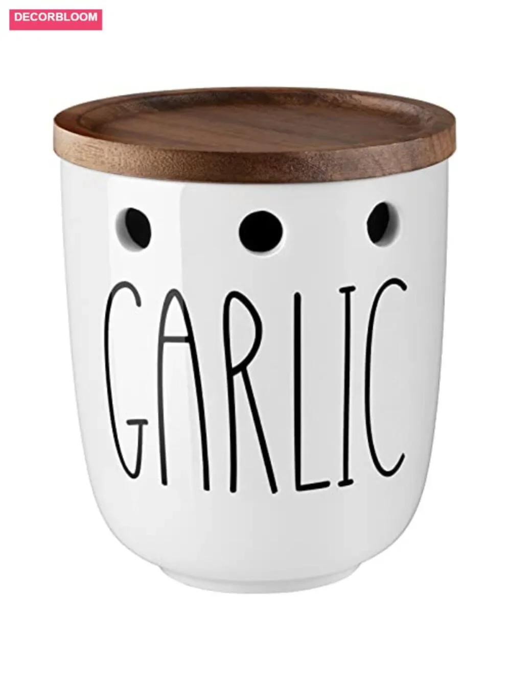 Ceramic Garlic Keeper with Acacia Wood Lid, Food Storage Jar